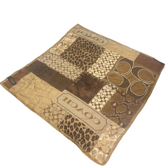 Vintage COACH Square Scarf Logo Brown Animal Print Leopard Snake 100% Silk RARE - Picture 3 of 8